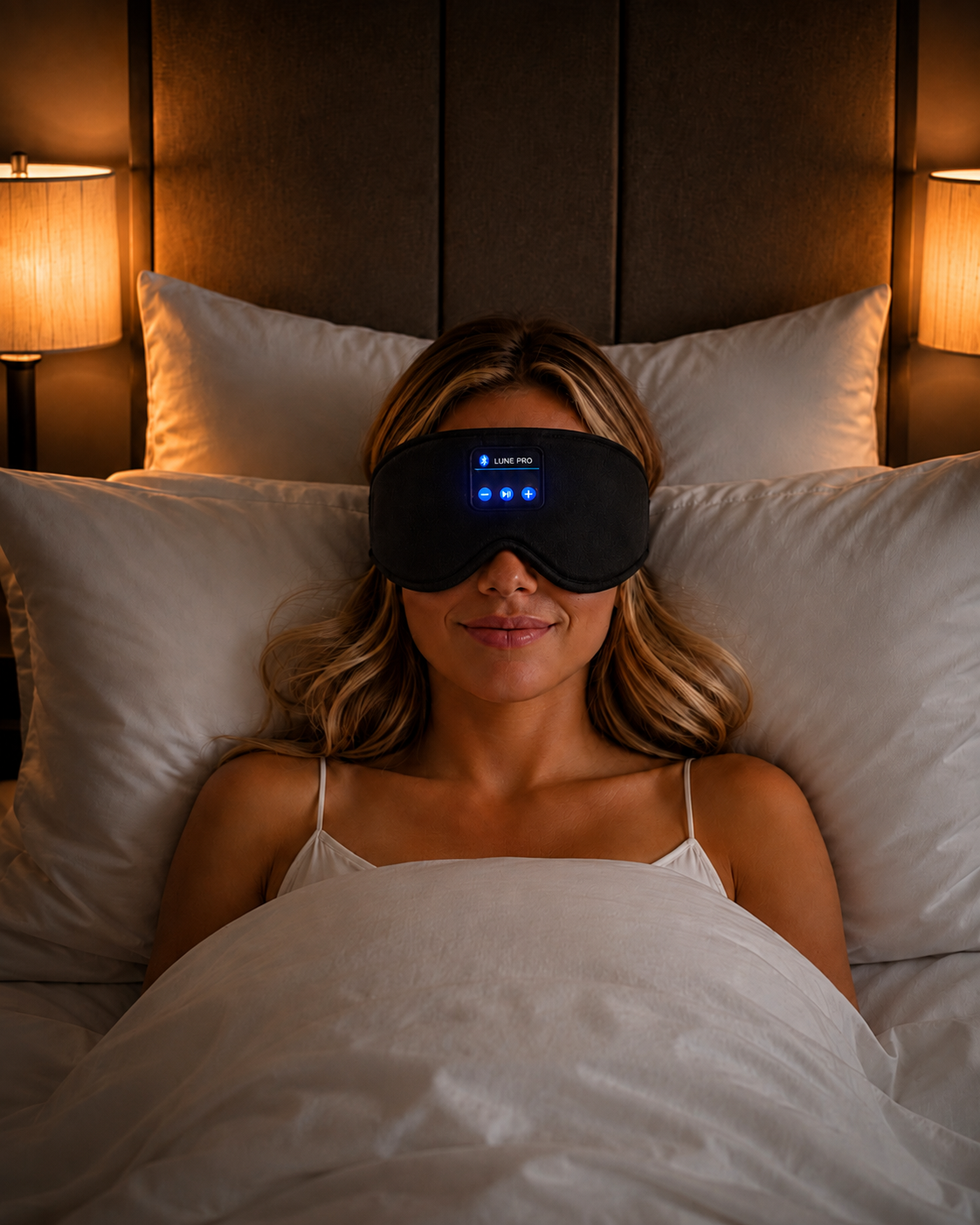 Woman sleeping comfortably wearing the LUNE PRO sleep mask