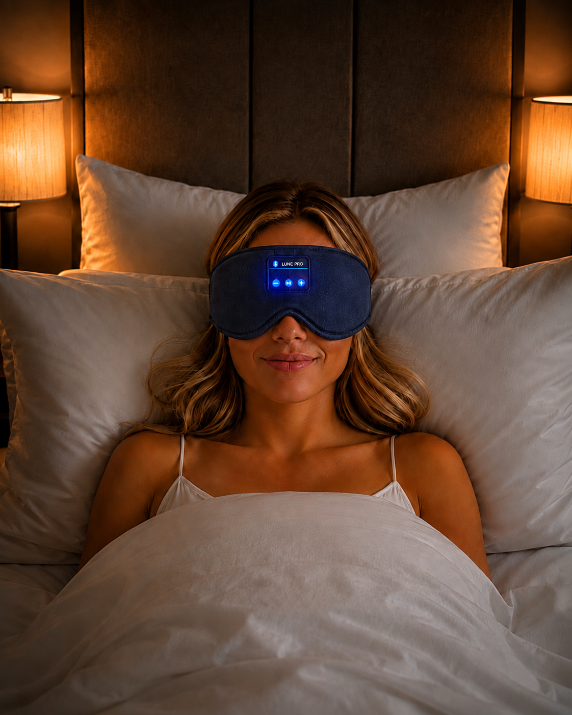 Woman sleeping comfortably wearing the LUNE PRO blue sleep mask